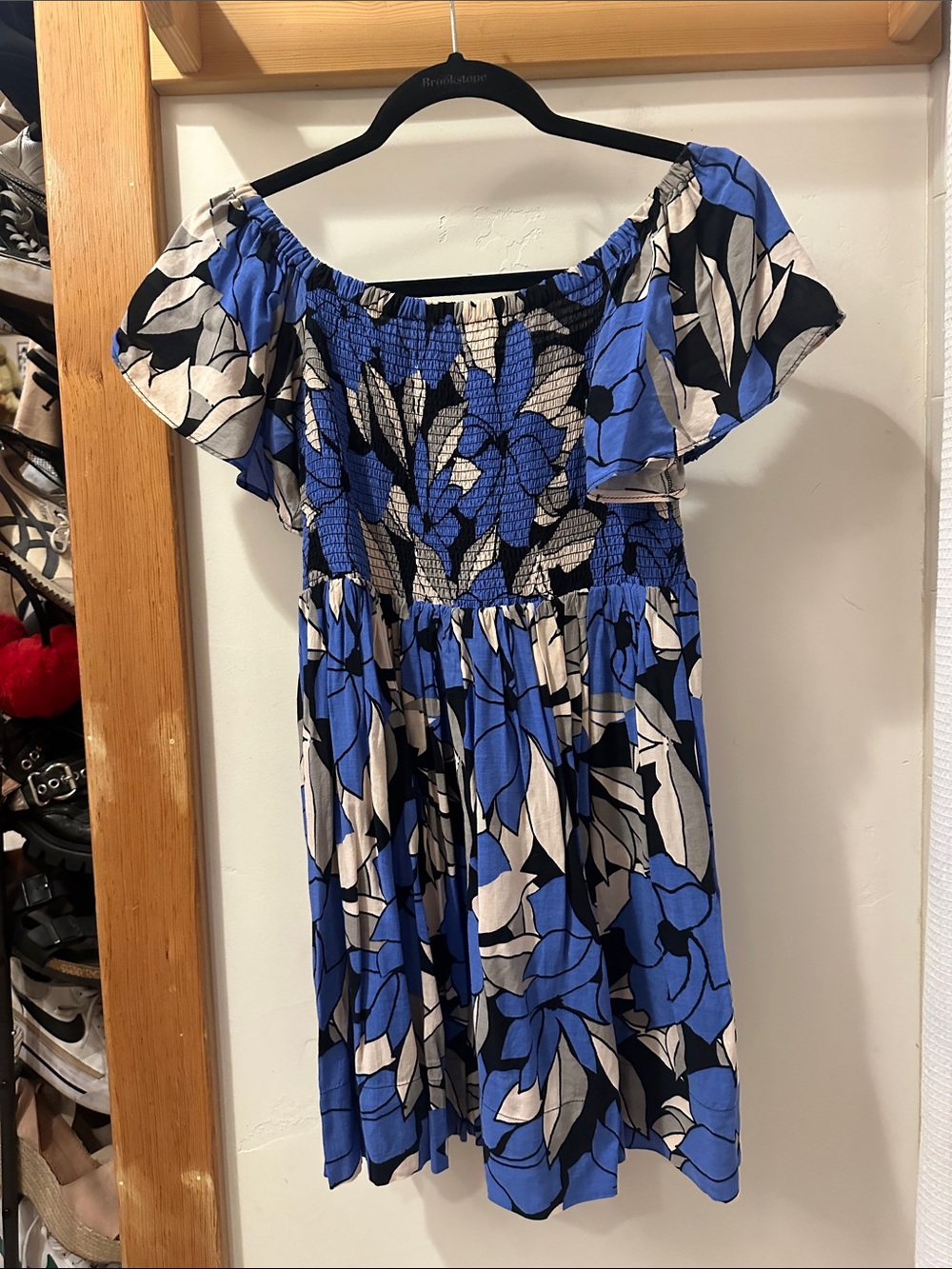 Free People Blue Black White Floral Off-Shoulder Dress